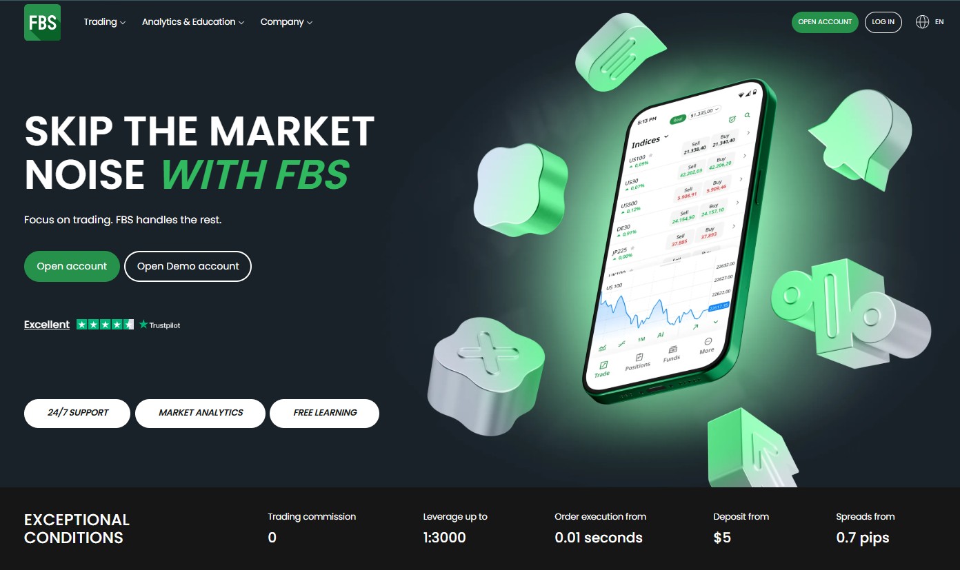 FBS mobile app and MT5 desktop trading dashboard