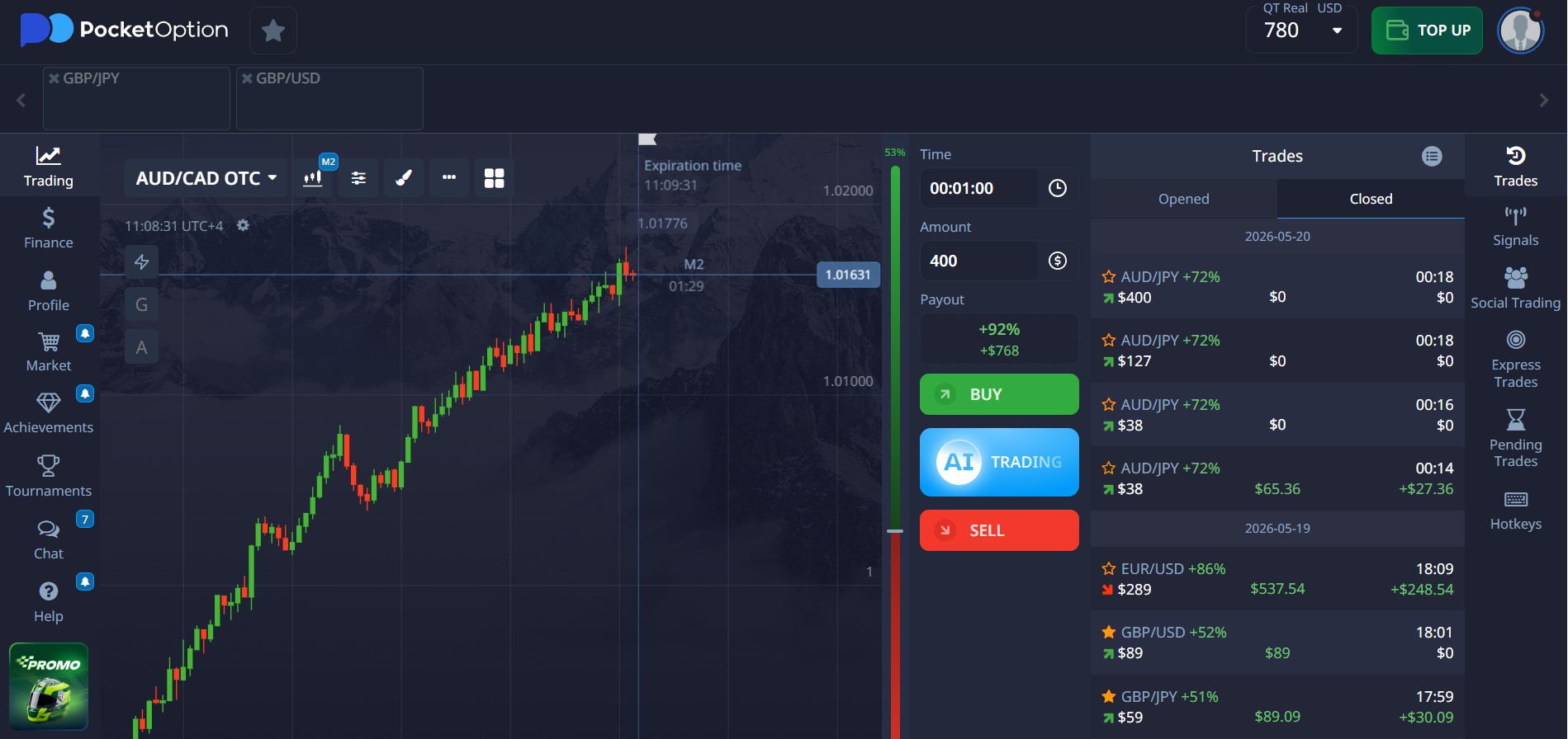 Pocket Option live trading account interface with technical indicators