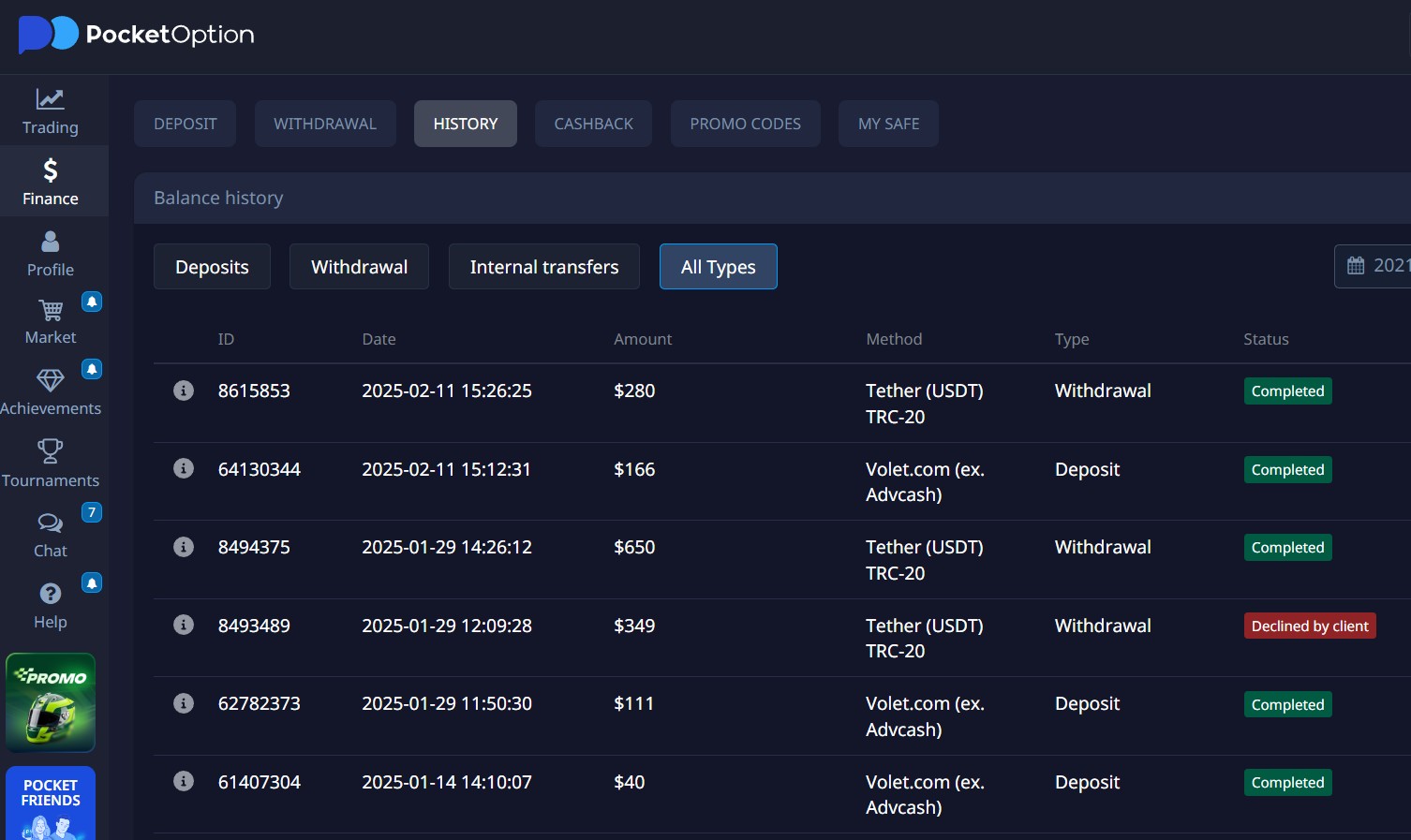 Pocket Option withdrawal request confirmation and payment proof